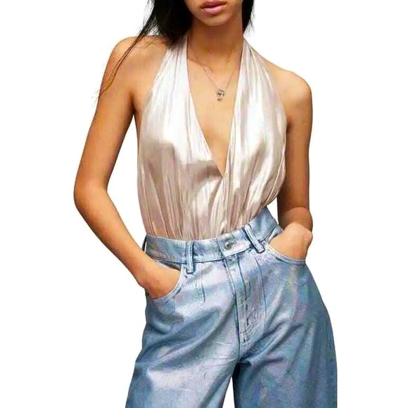 New AllSaints Dora Halter 6 / Sm Champagne Black Satin V-Neck Open Back Bodysuit - Picture 11 of 11